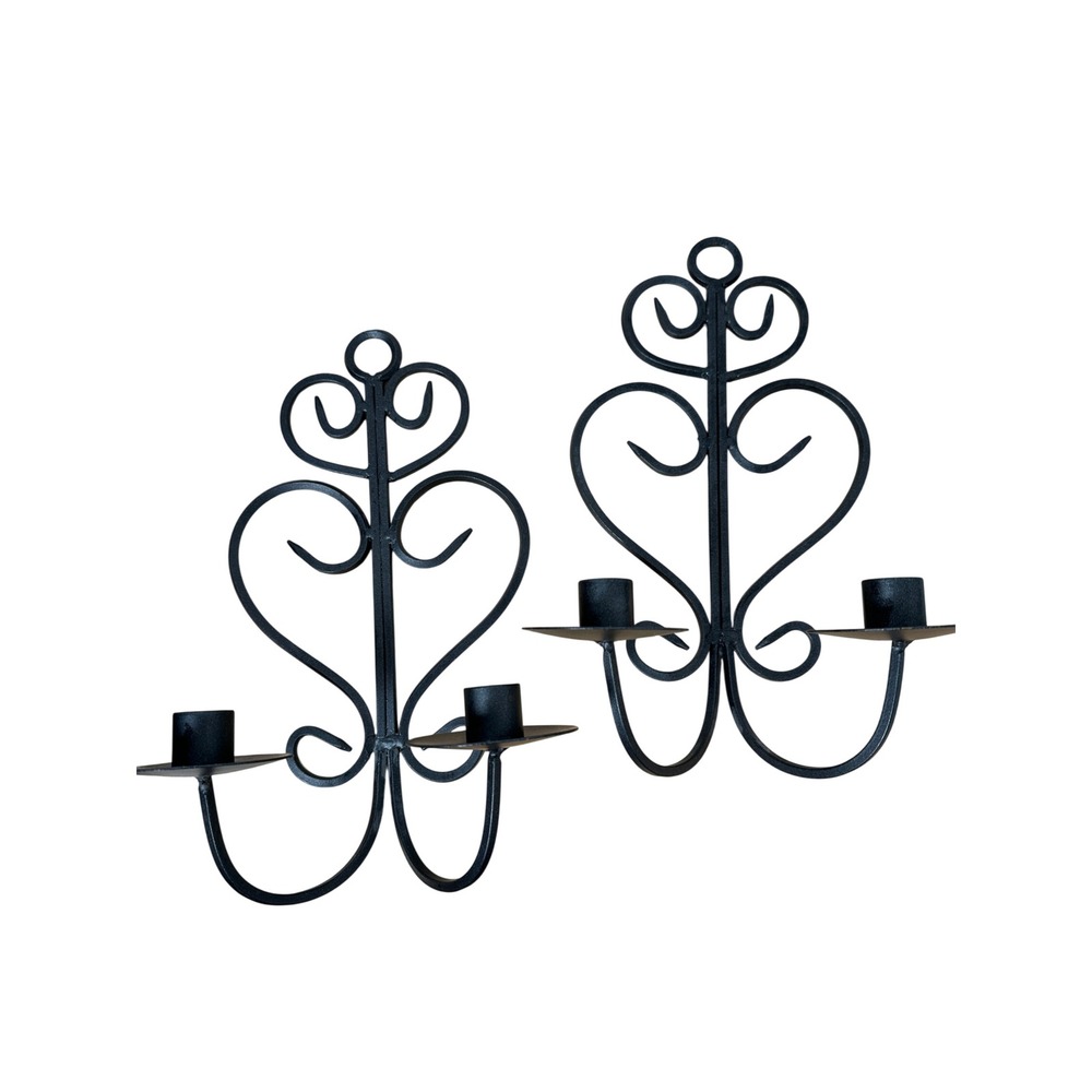 Vintage Wrought Iron Black Scroll Heart Dual Wall Candle Sconces Gothic 11.5"